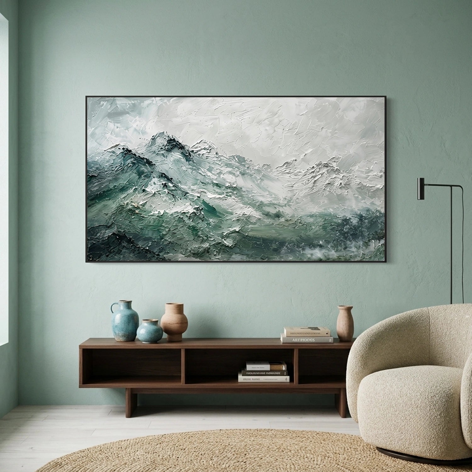 Green Minimalist Mountain Textured Canvas Art #MO061