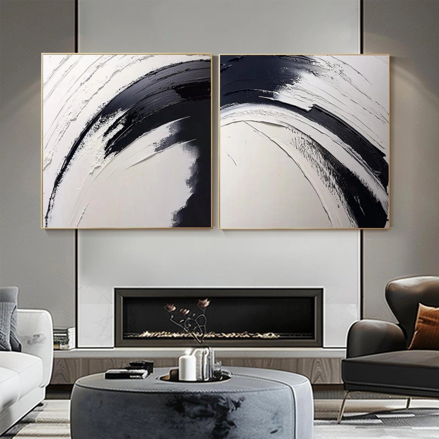Black and White Minimalist Textured Canvas Art Set of 2#MT183