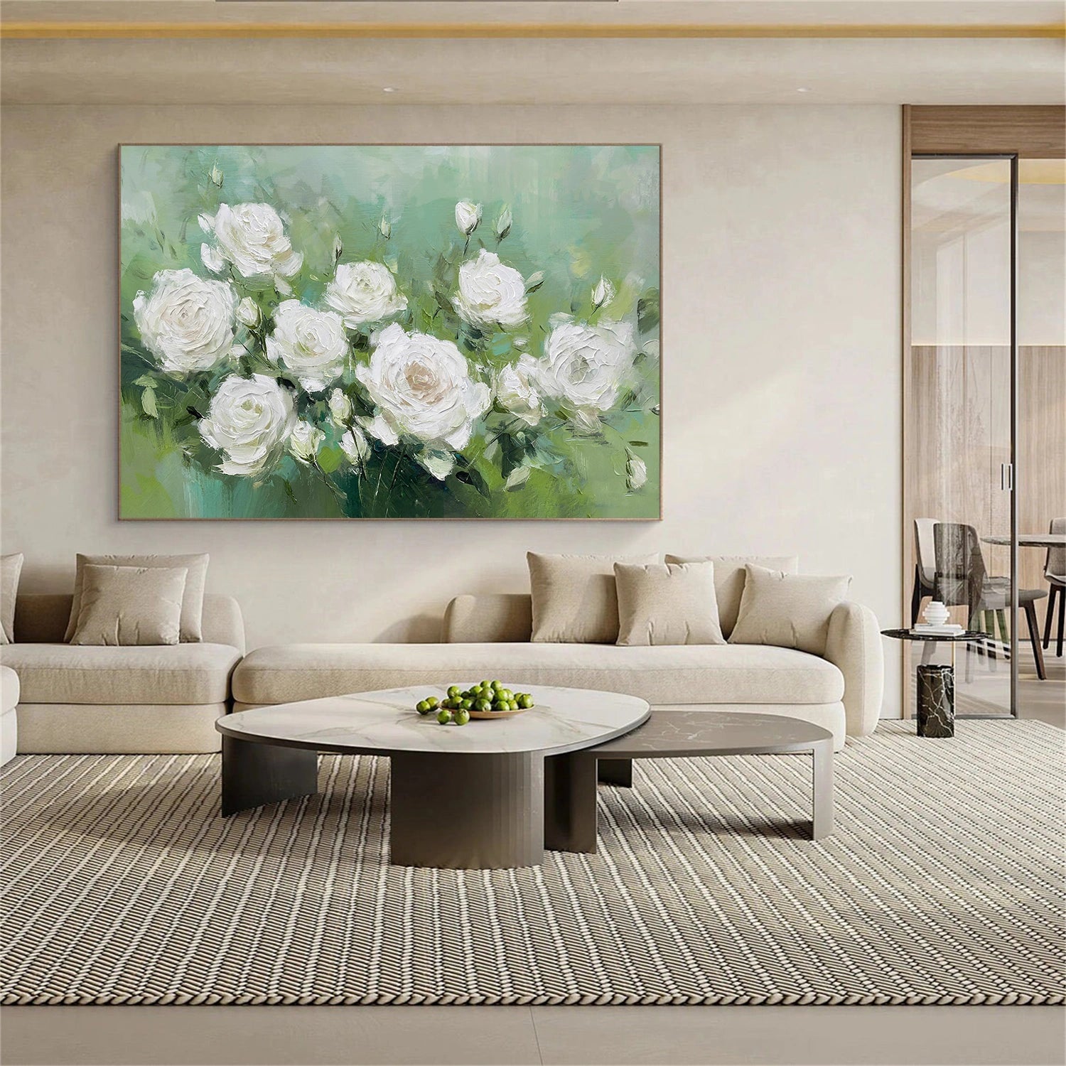 White and Green Flower Abstract Textured Wall Art #FP160