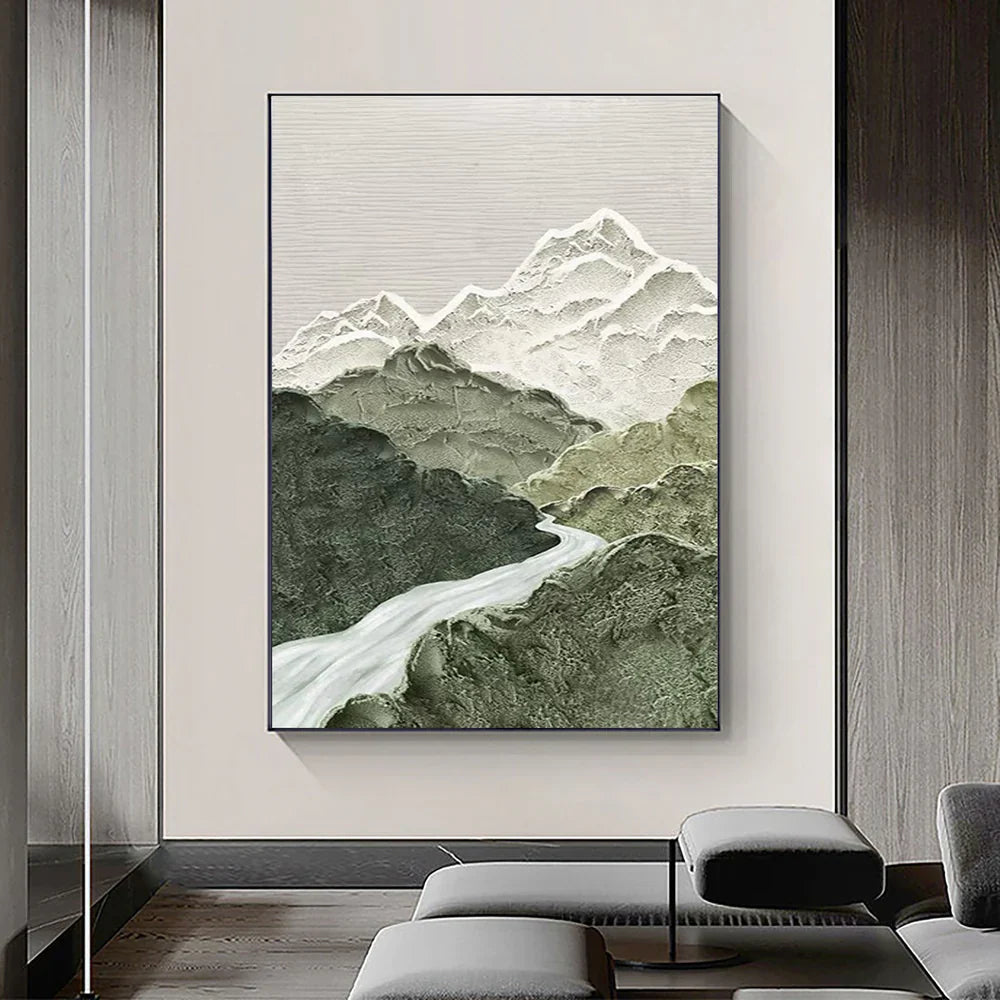 Green and White Mountain Textured Abstract Painting #MT089