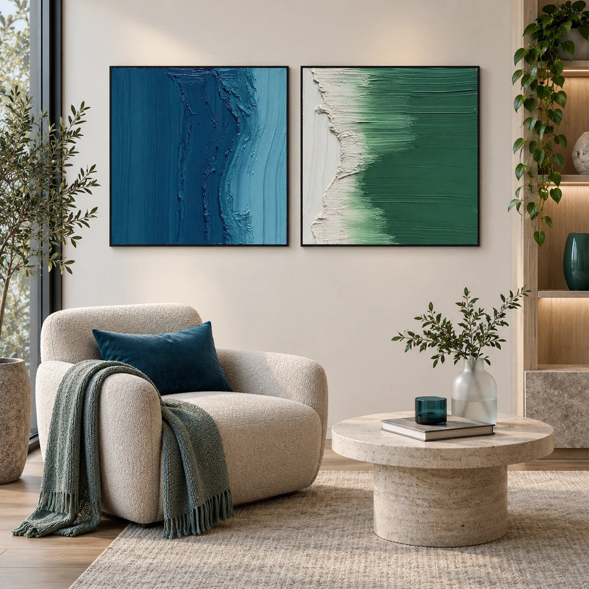 Blue and Green Minimalist Textured Canvas Art Set of 2 #MT219
