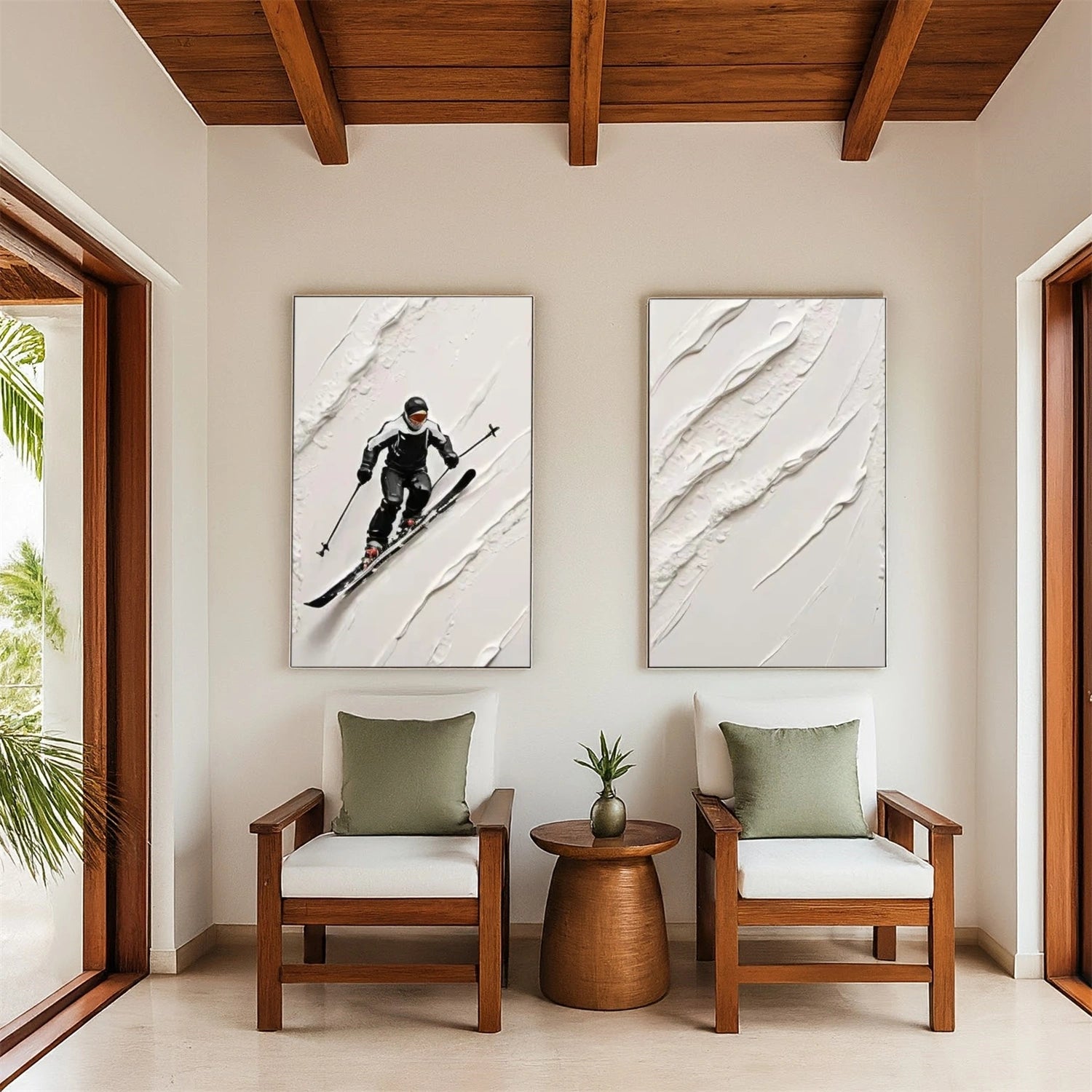 Black and White Skiing Sport Textured Wall Art Set of 2 #MS053