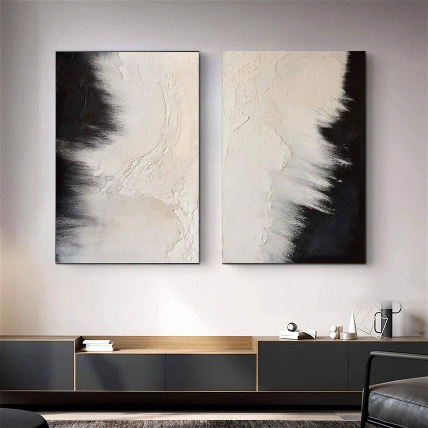 White and Black Minimalist Textured Canvas Set of 2 #MT097