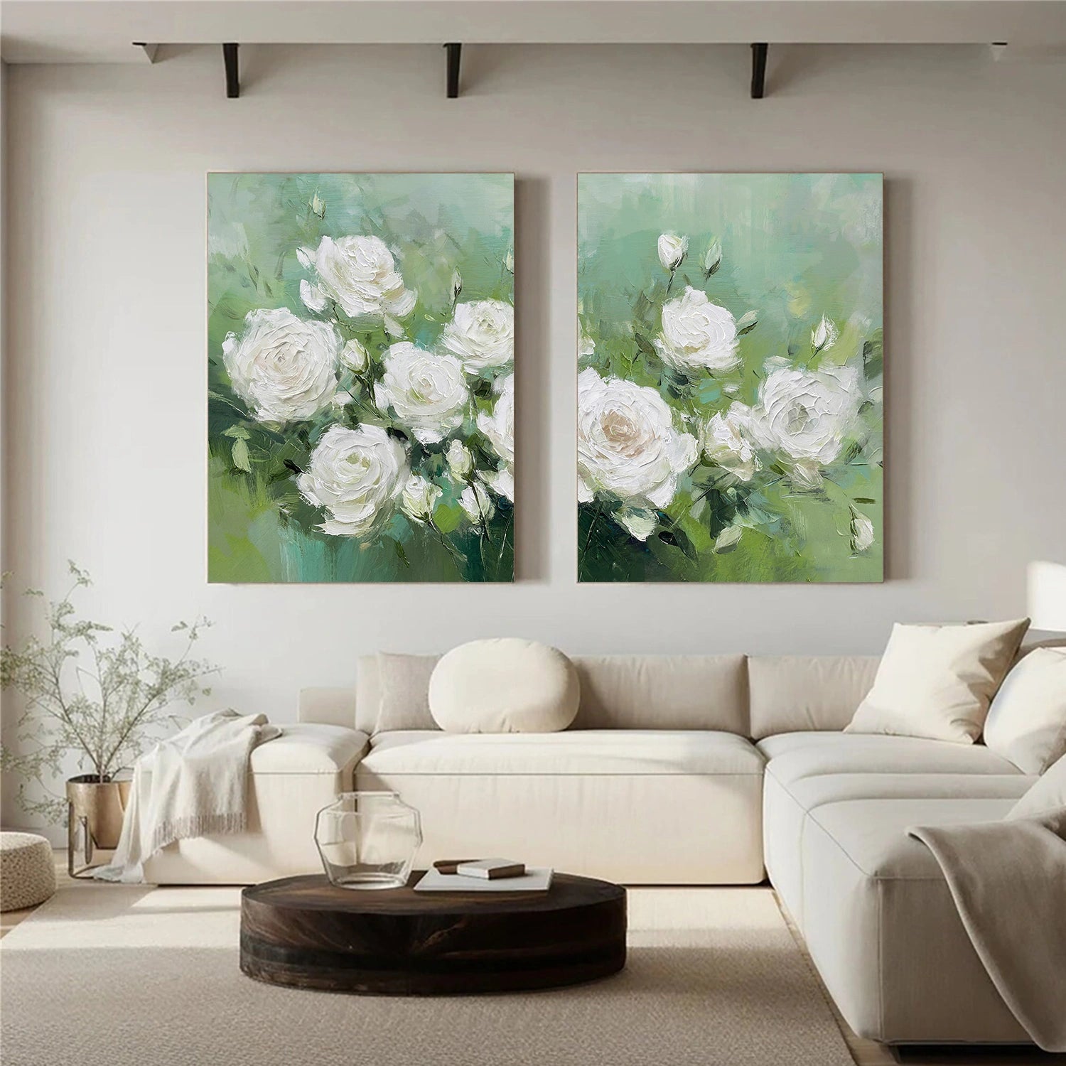 White and Green Flower Abstract Textured Wall Art Set of 2 #FP163