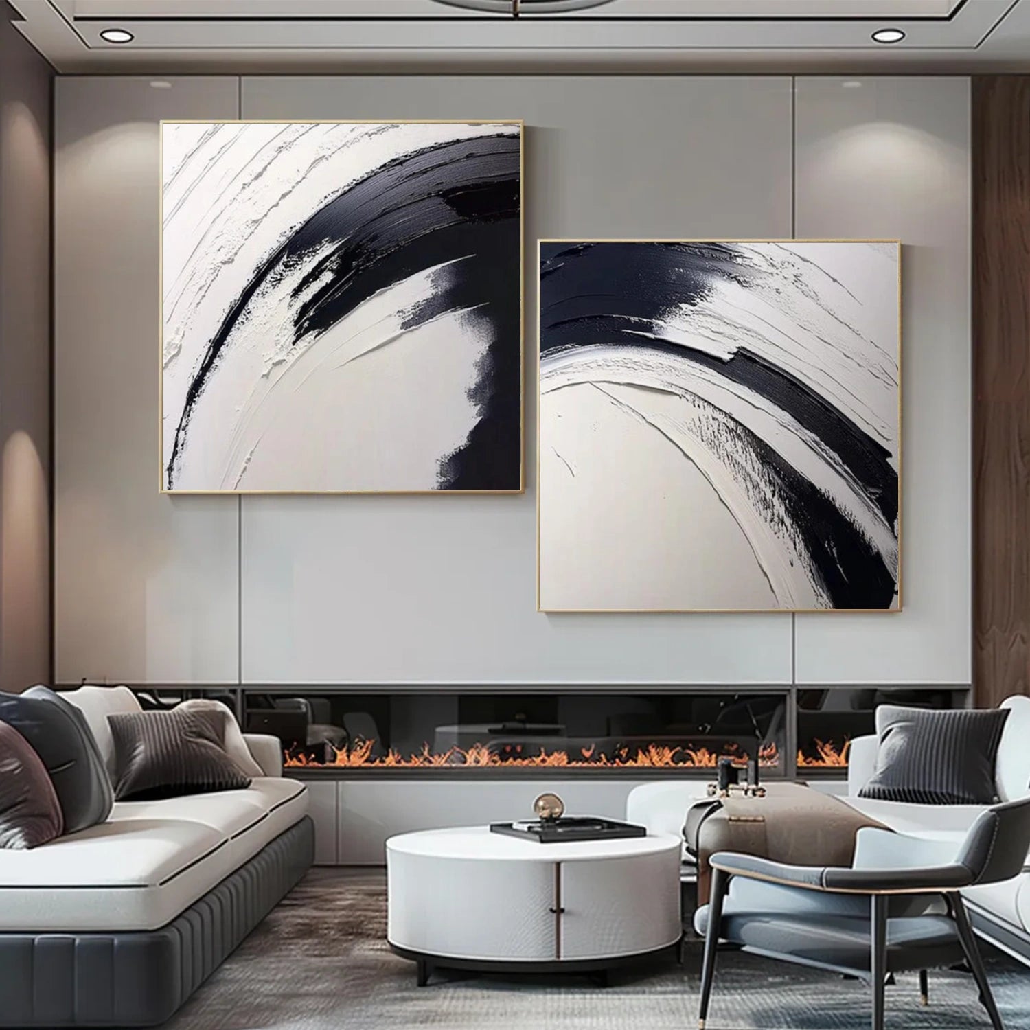 Black and White Minimalist Textured Canvas Art Set of 2#MT183