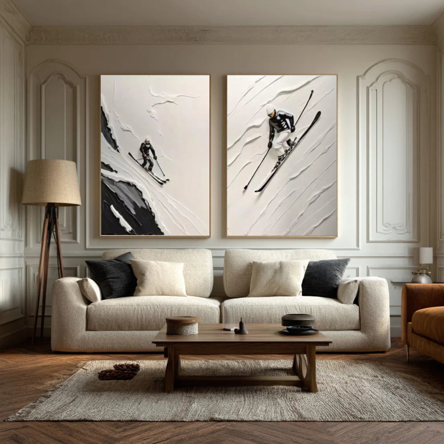 Black and White Skiing Sport Textured Wall Art Set of 2 #MS052