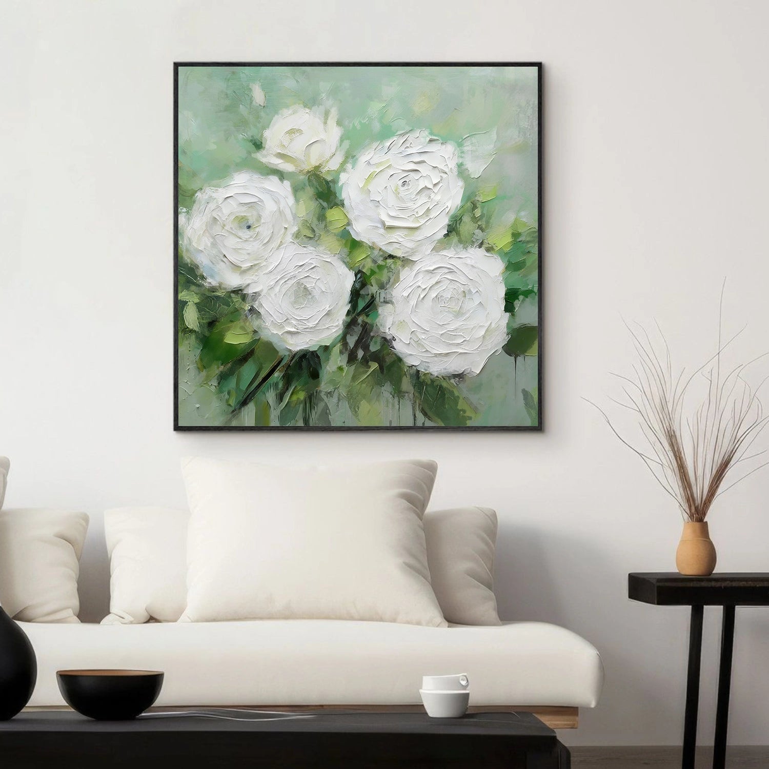 White and Green Flower Abstract Textured Wall Art #FP161
