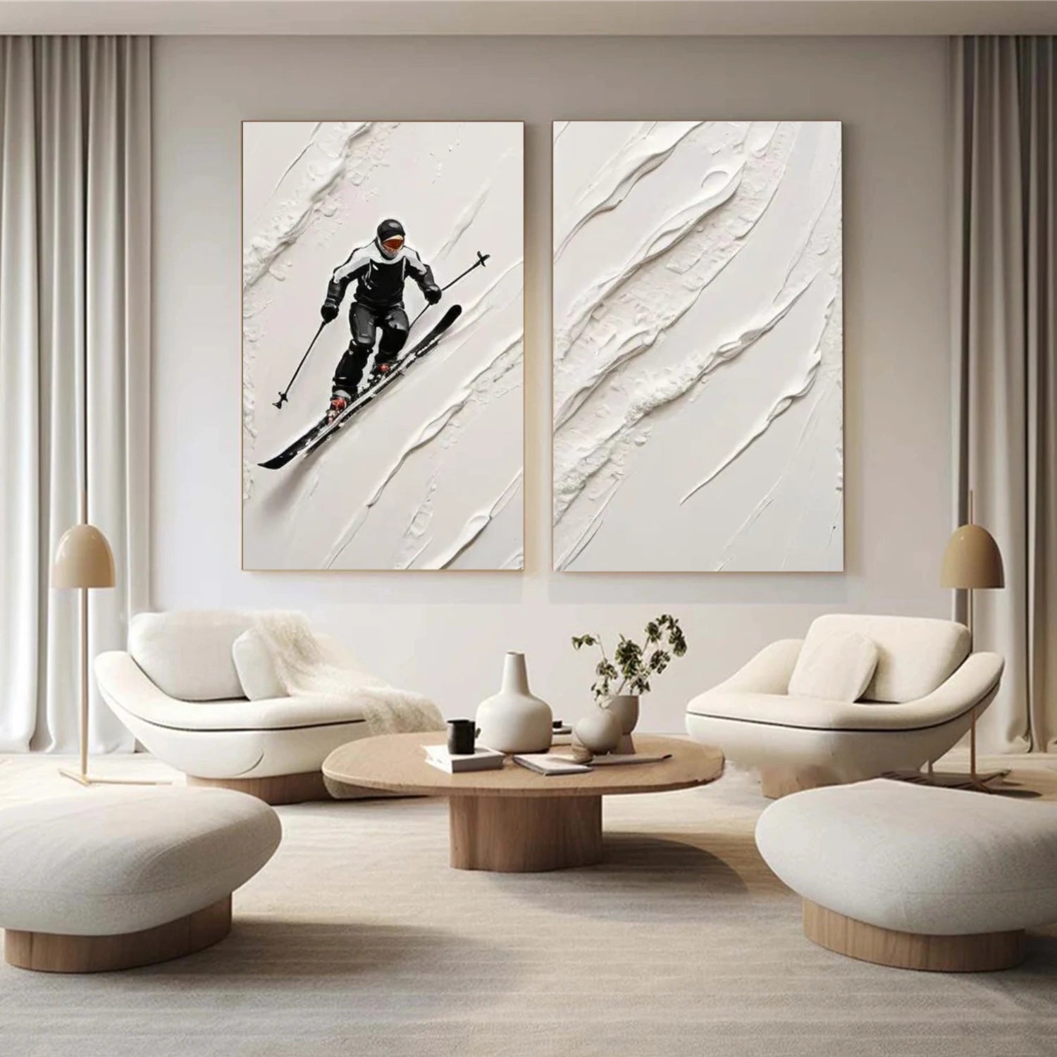 Black and White Skiing Sport Textured Wall Art Set of 2 #MS053