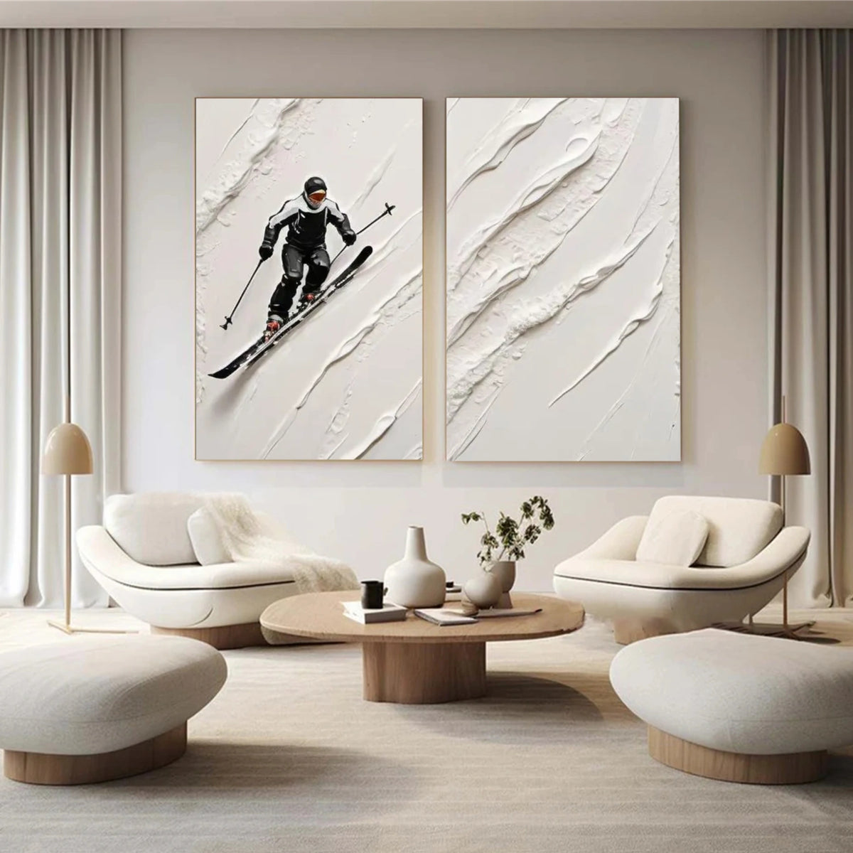 Black and White Skiing Sport Textured Wall Art Set of 2 #MS053