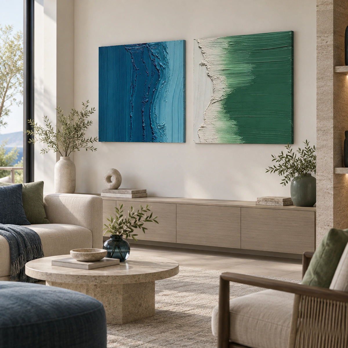 Blue and Green Minimalist Textured Canvas Art Set of 2 #MT219