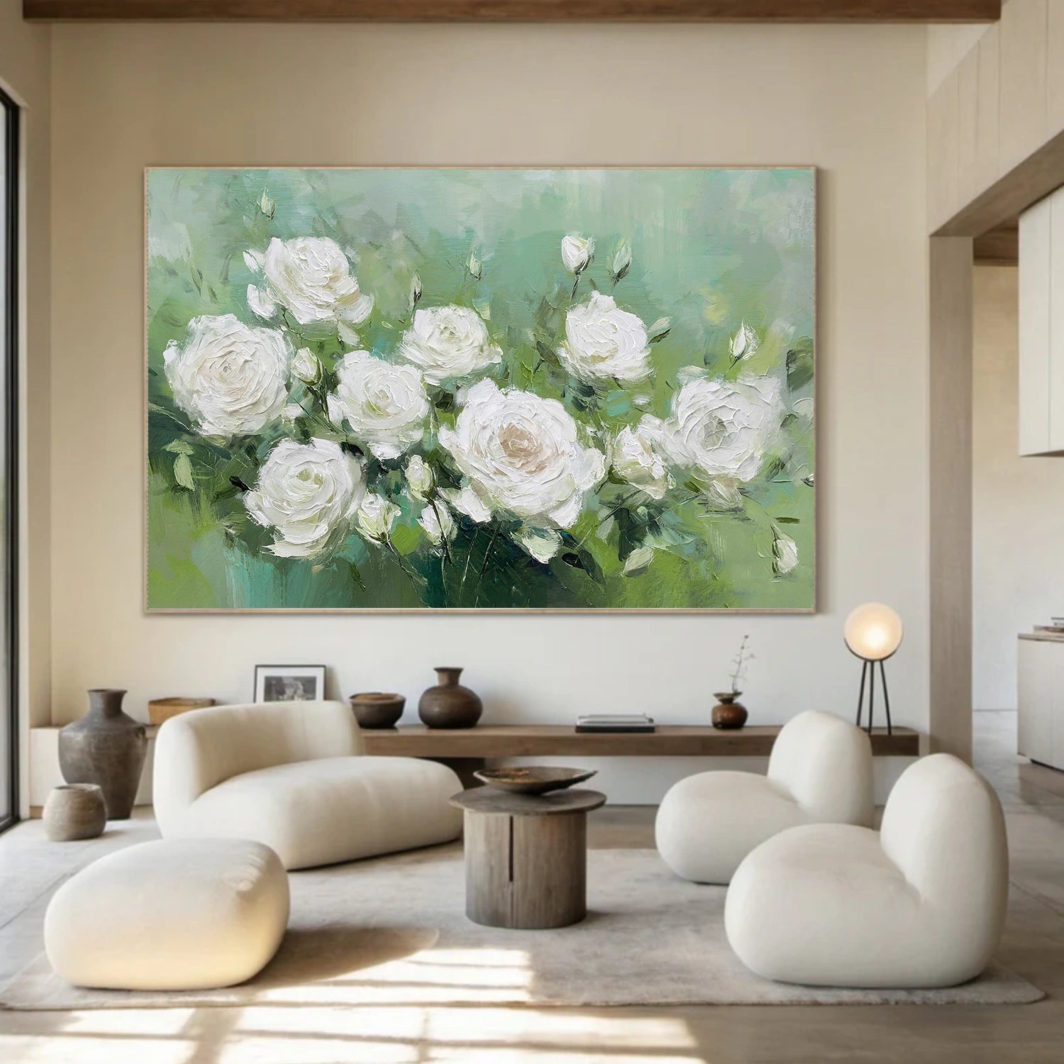 White and Green Flower Abstract Textured Wall Art #FP160