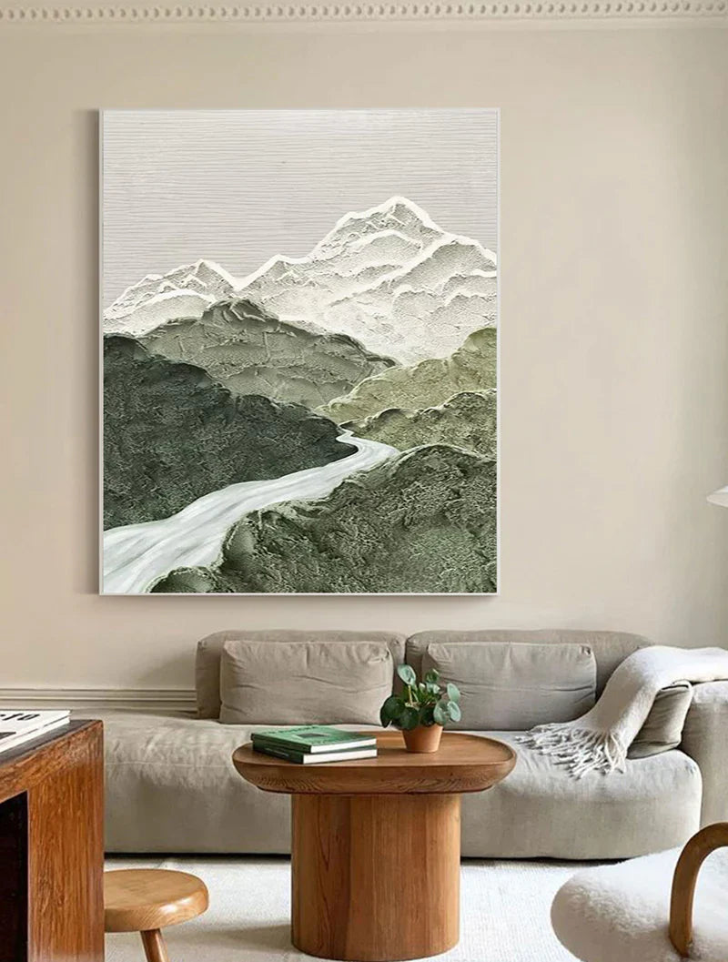 Green and White Mountain Textured Abstract Painting