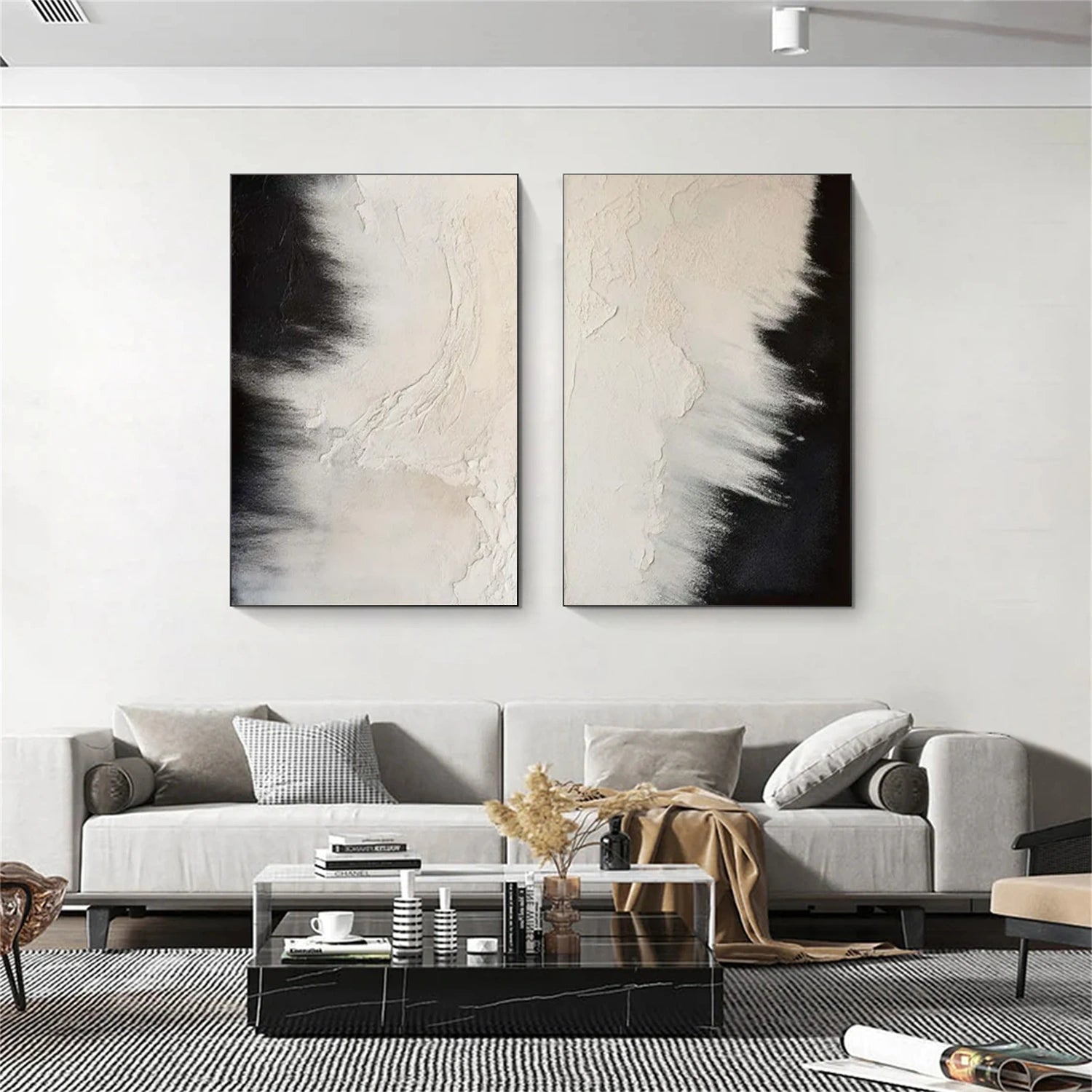 White and Black Minimalist Textured Canvas Set of 2 #MT097