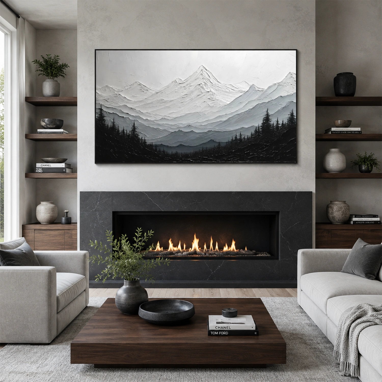 Black and White Minimalist Mountain Textured Canvas Art #MO072