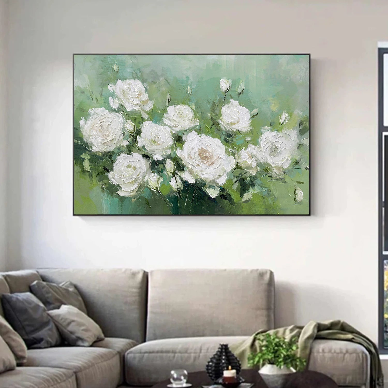 White and Green Flower Abstract Textured Wall Art #FP160