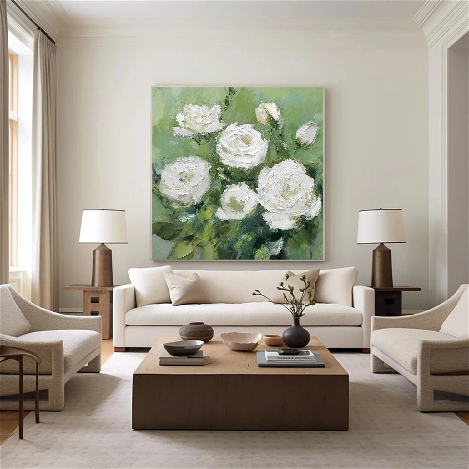 White and Green Flower Abstract Textured Wall Art #FP162