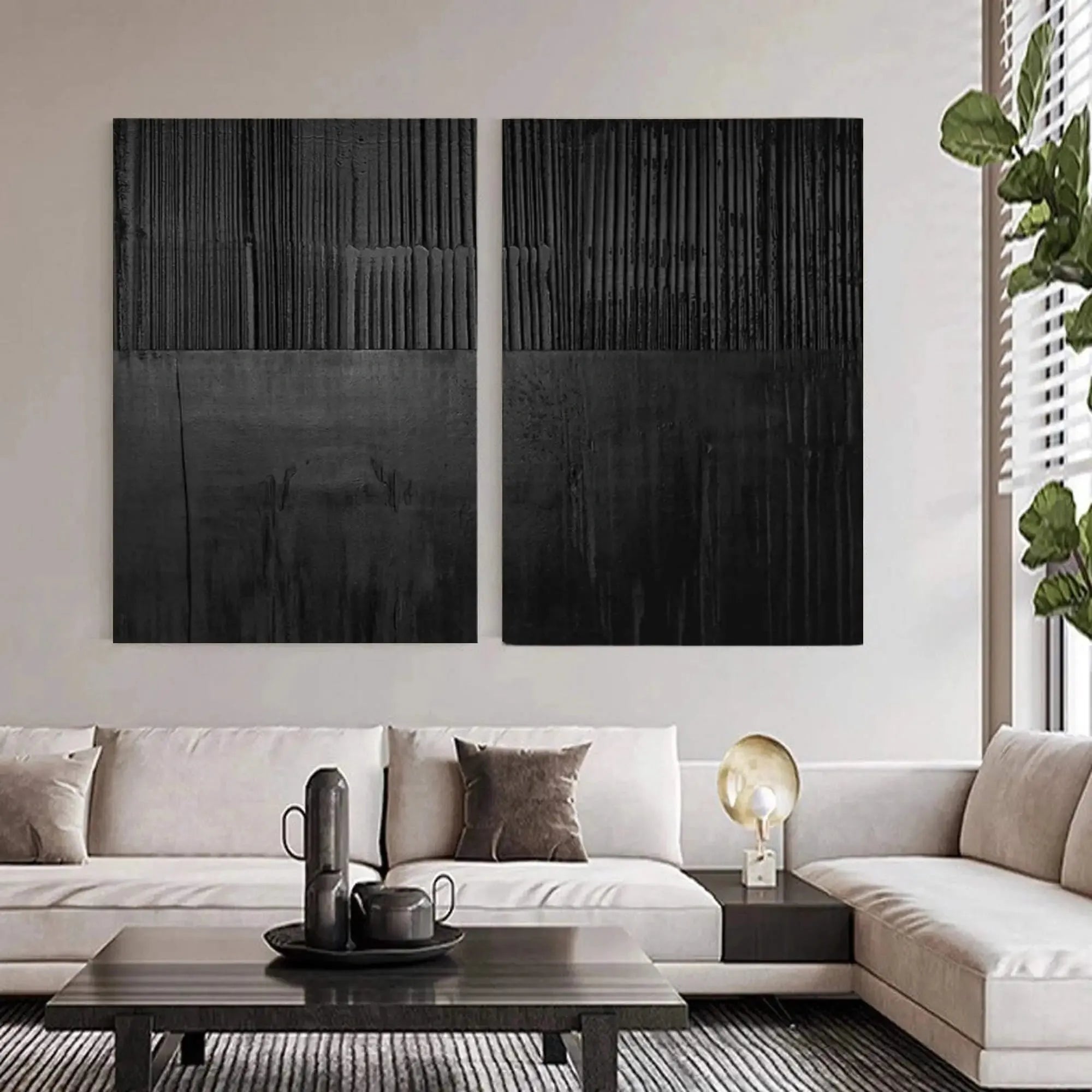 Black Minimalist Textured Canvas Set of 2 #MT061