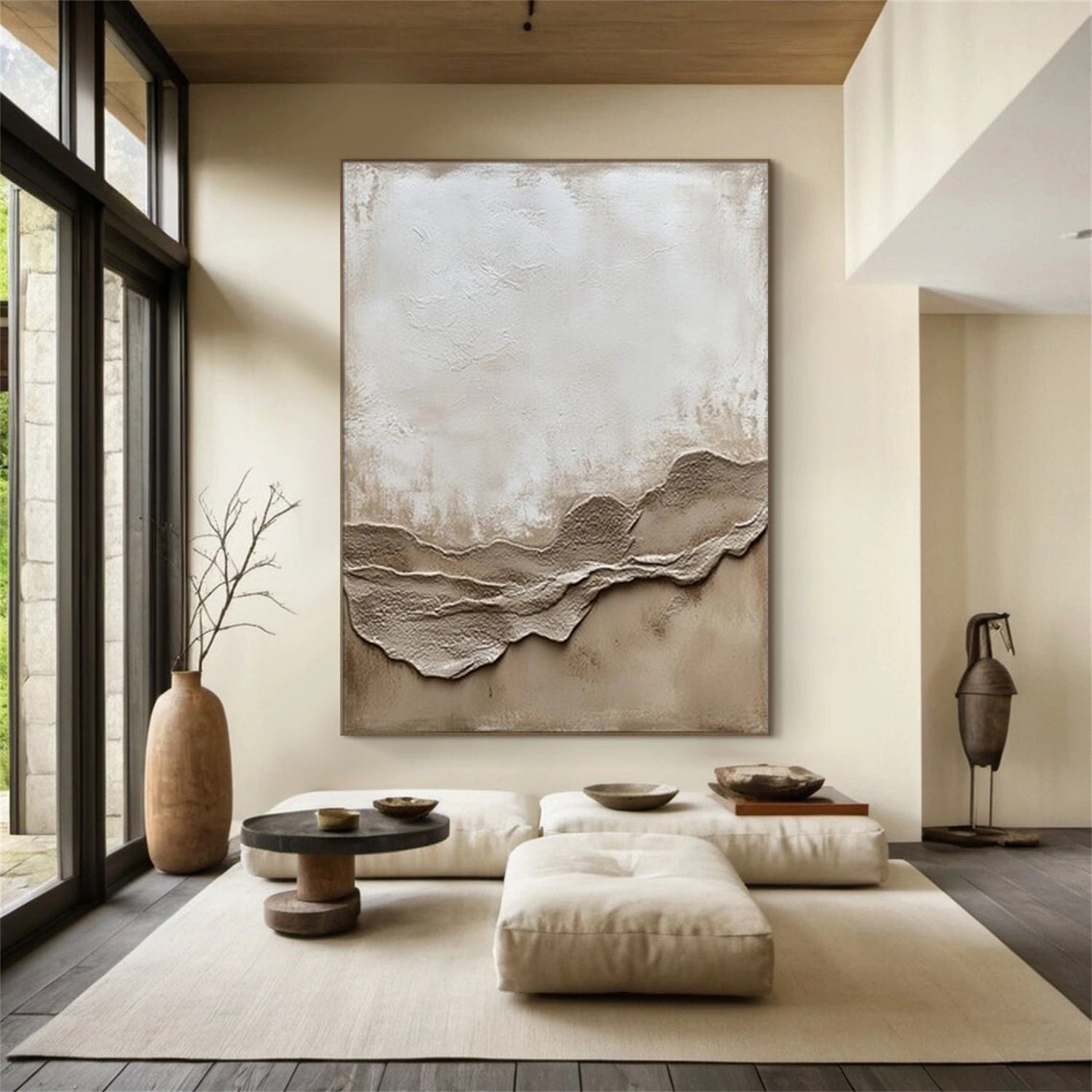 White and Brown Minimalist Textured Canvas Art #MT172