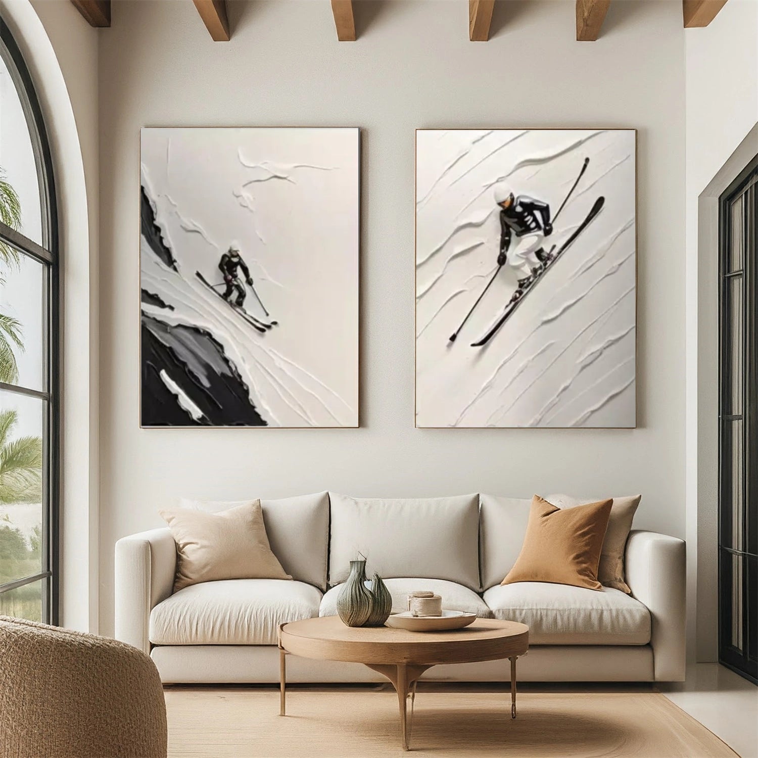 Black and White Skiing Sport Textured Wall Art Set of 2 #MS052