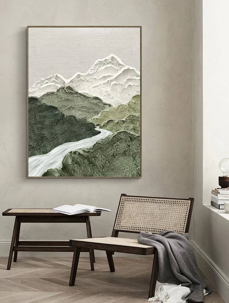 Green and White Mountain Textured Abstract Painting