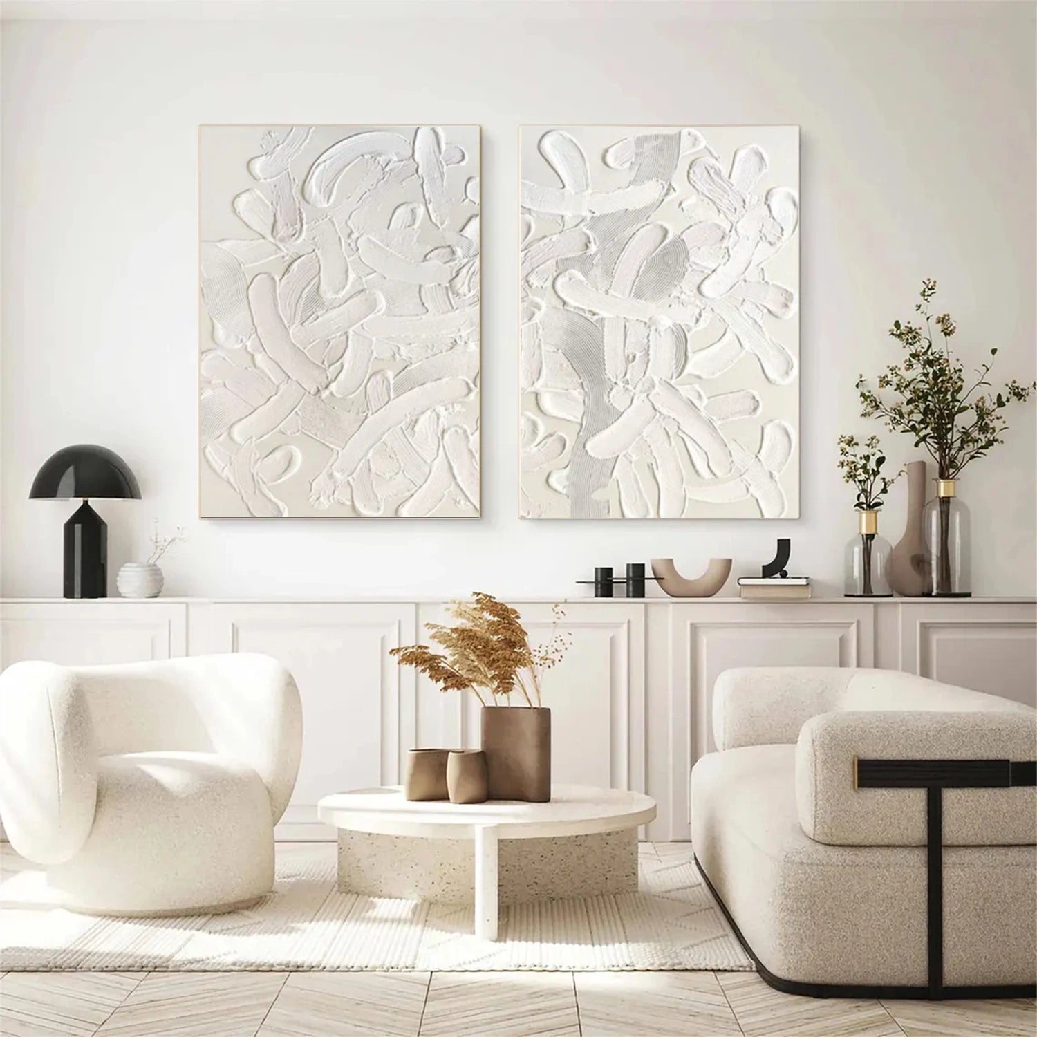 Beige and White Minimalist Textured Canvas Art Set of 2 #MT141