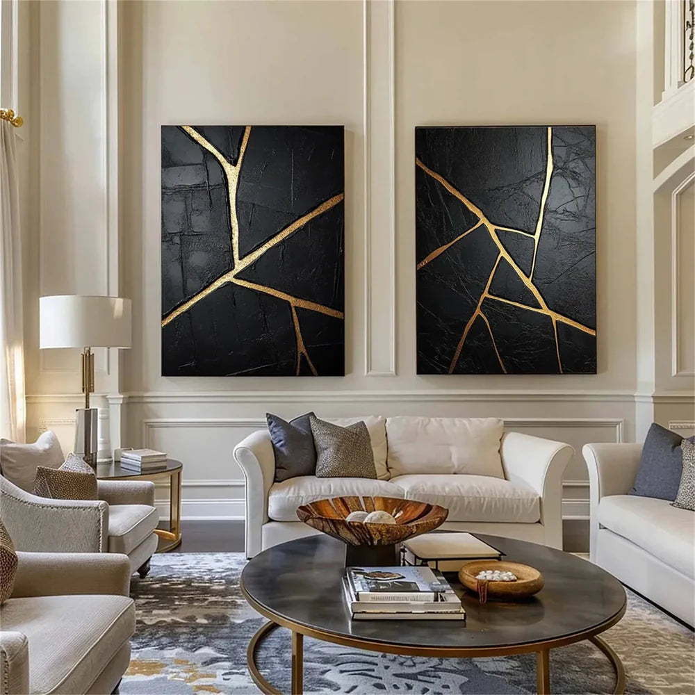Black and Gold Minimalist Textured Canvas Set of 2 #MT071