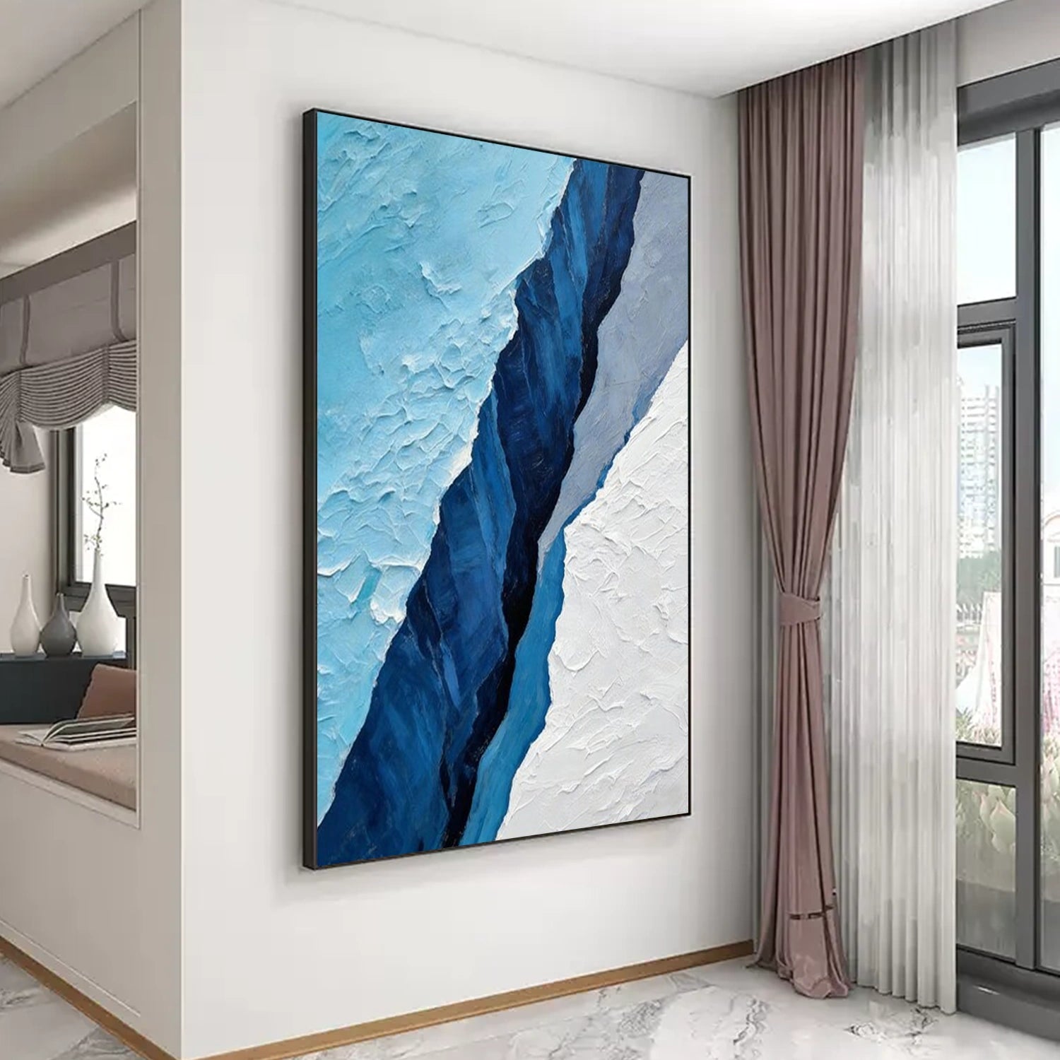 White and Blue Minimalist Textured Canvas Art #MT163