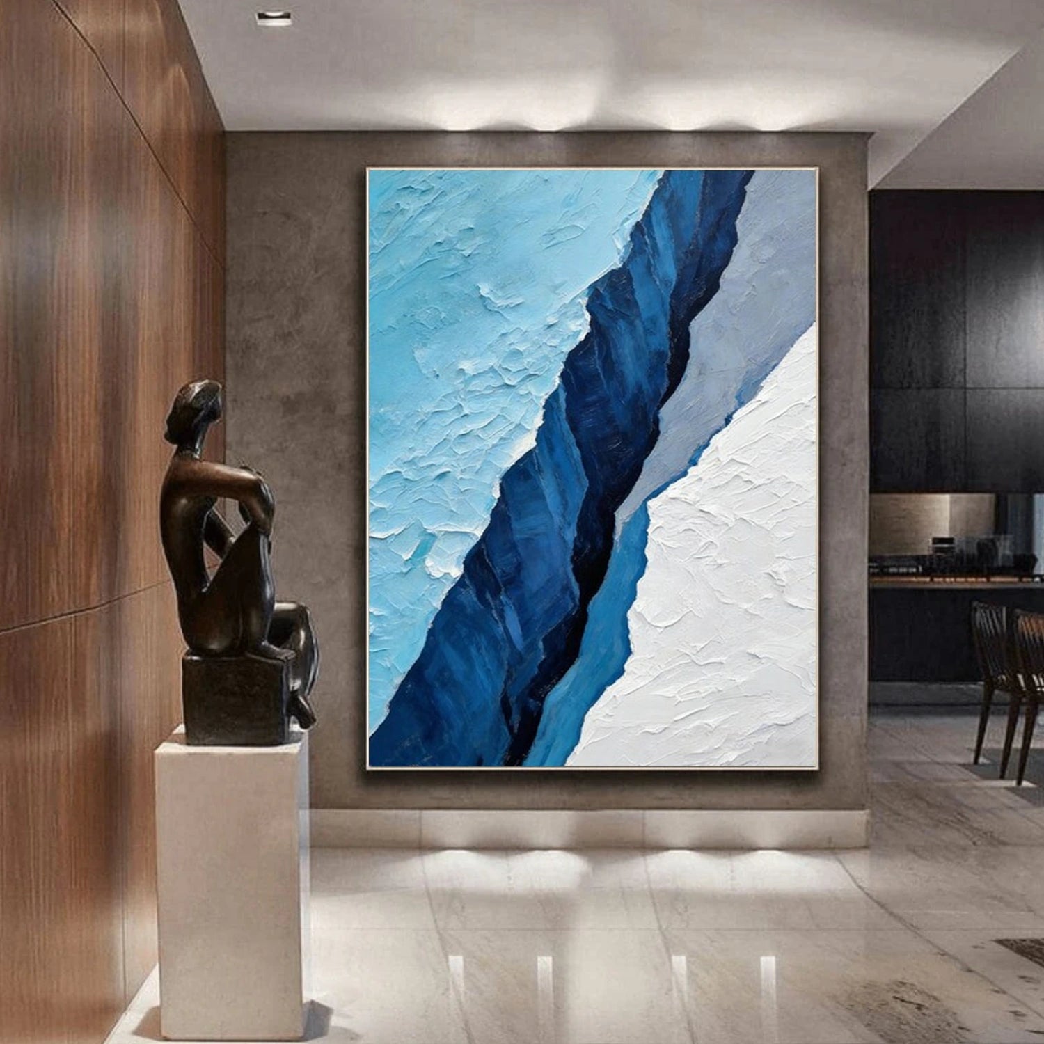 White and Blue Minimalist Textured Canvas Art #MT163