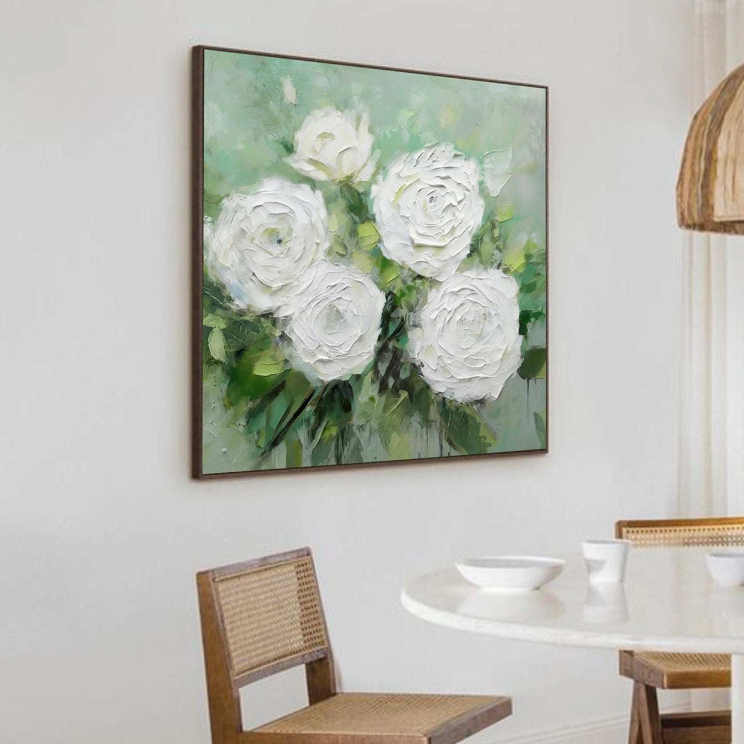 White and Green Flower Abstract Textured Wall Art #FP161
