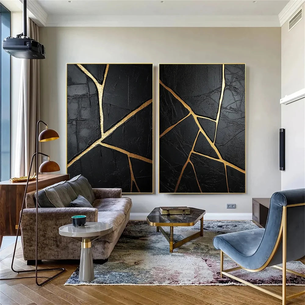 Black and Gold Minimalist Textured Canvas Set of 2 #MT071
