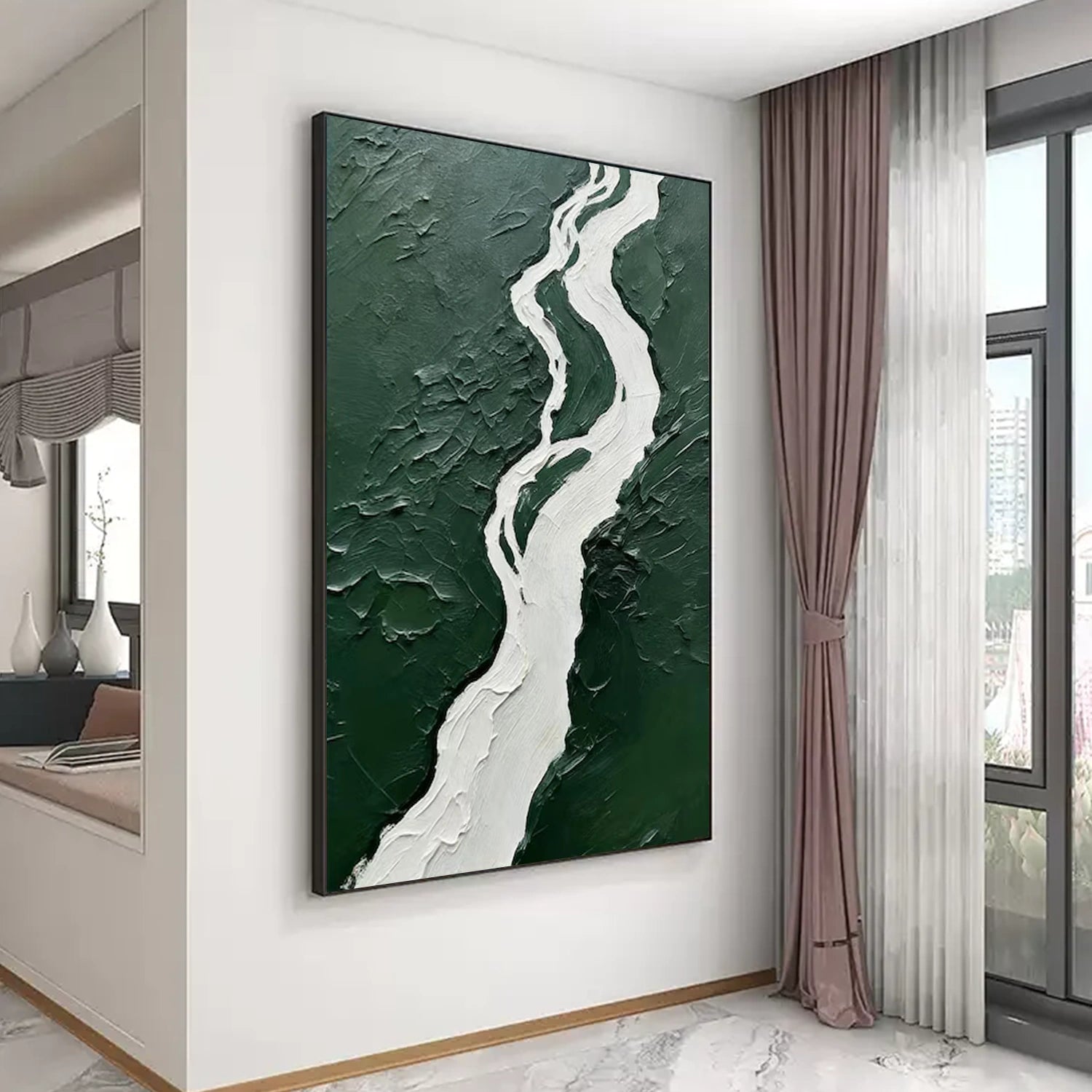 White and Green Minimalist Textured Canvas Art #MT162