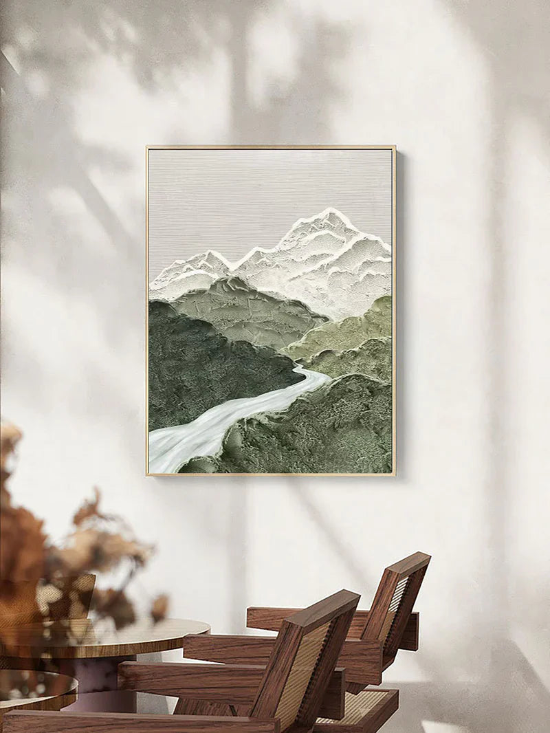 Green and White Mountain Textured Abstract Painting
