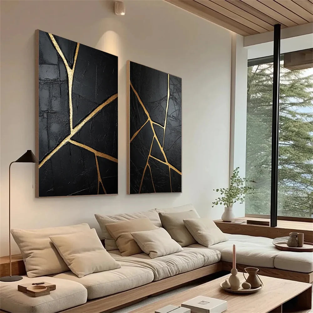 Black and Gold Minimalist Textured Canvas Set of 2 #MT071