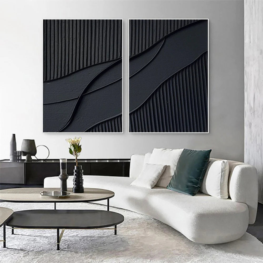 Black Minimalist Textured Canvas Set of 2 #MT087