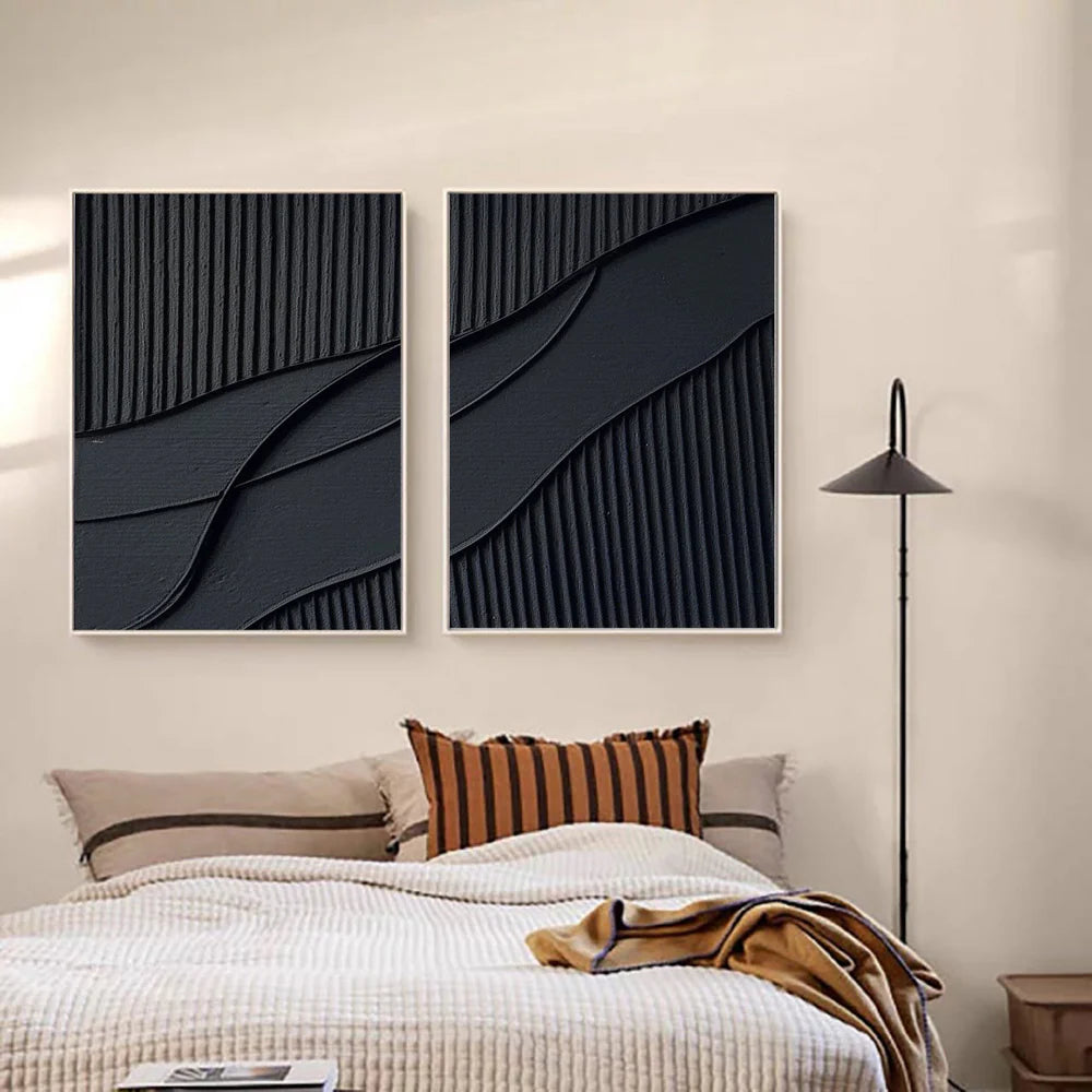 Black Minimalist Textured Canvas Set of 2 #MT087