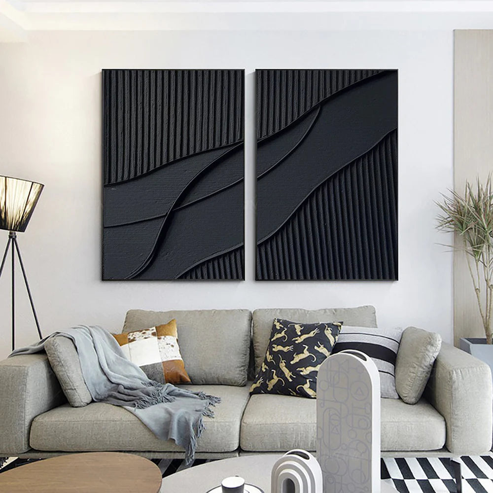 Black Minimalist Textured Canvas Set of 2 #MT087
