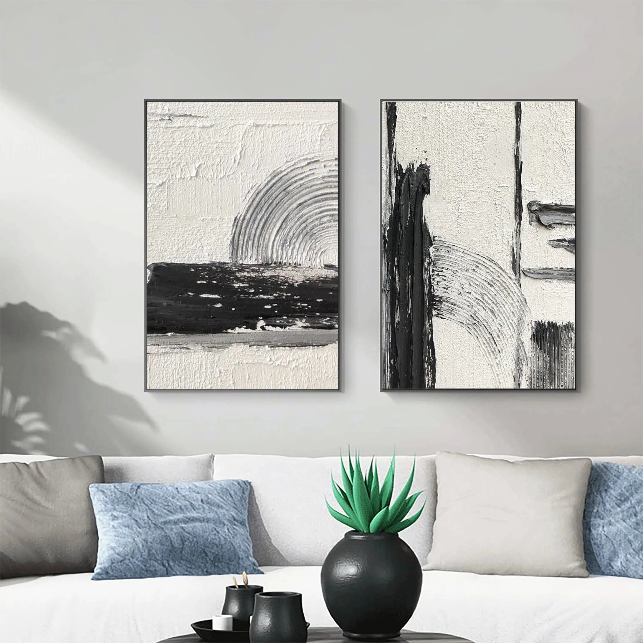 White and Black Minimalist Textured Canvas Set of 2 #MT051