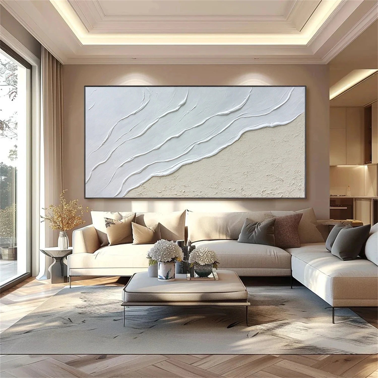 Beige and White Minimalist Textured Canvas Art #MT166
