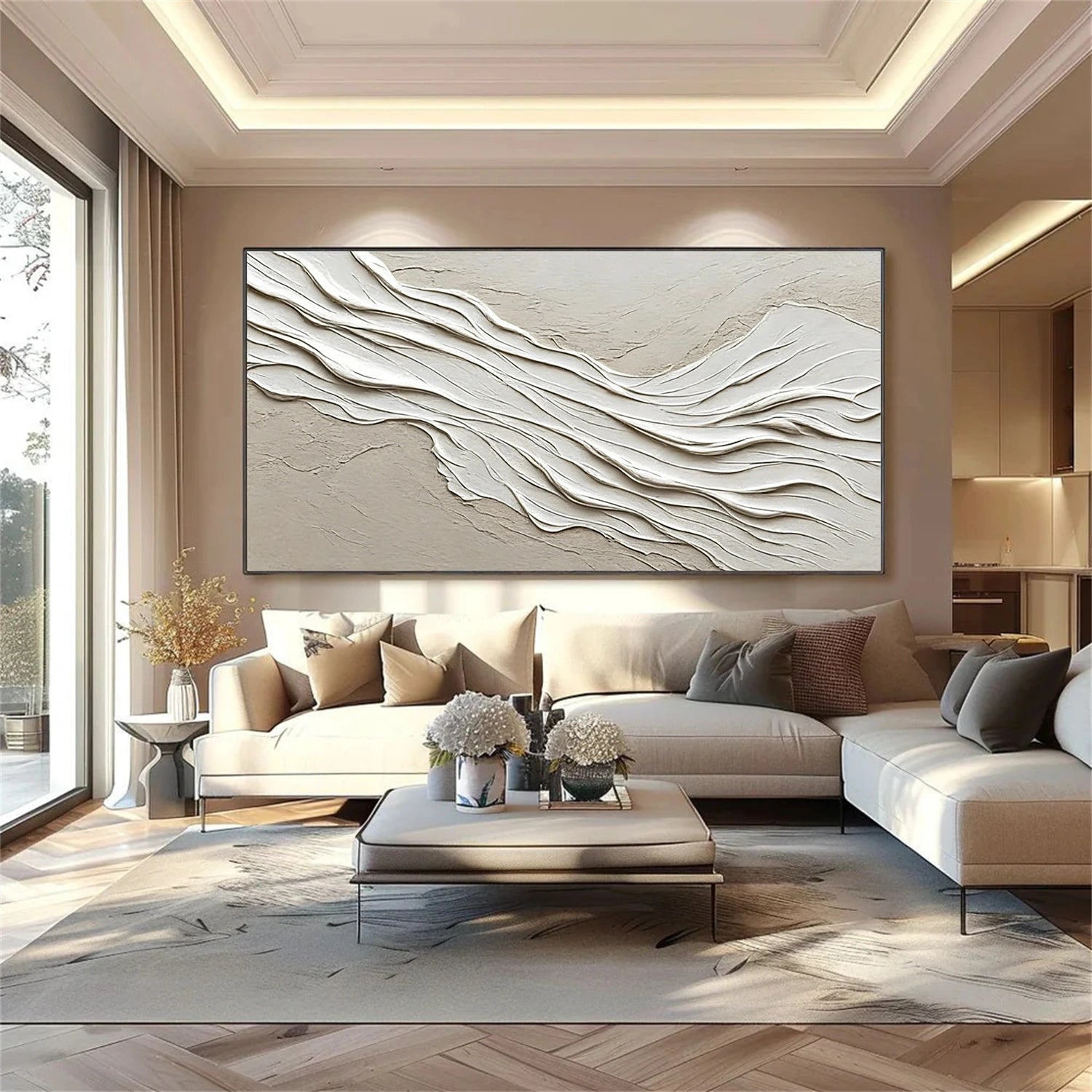 Beige and White Minimalist Textured Canvas Art #MT152