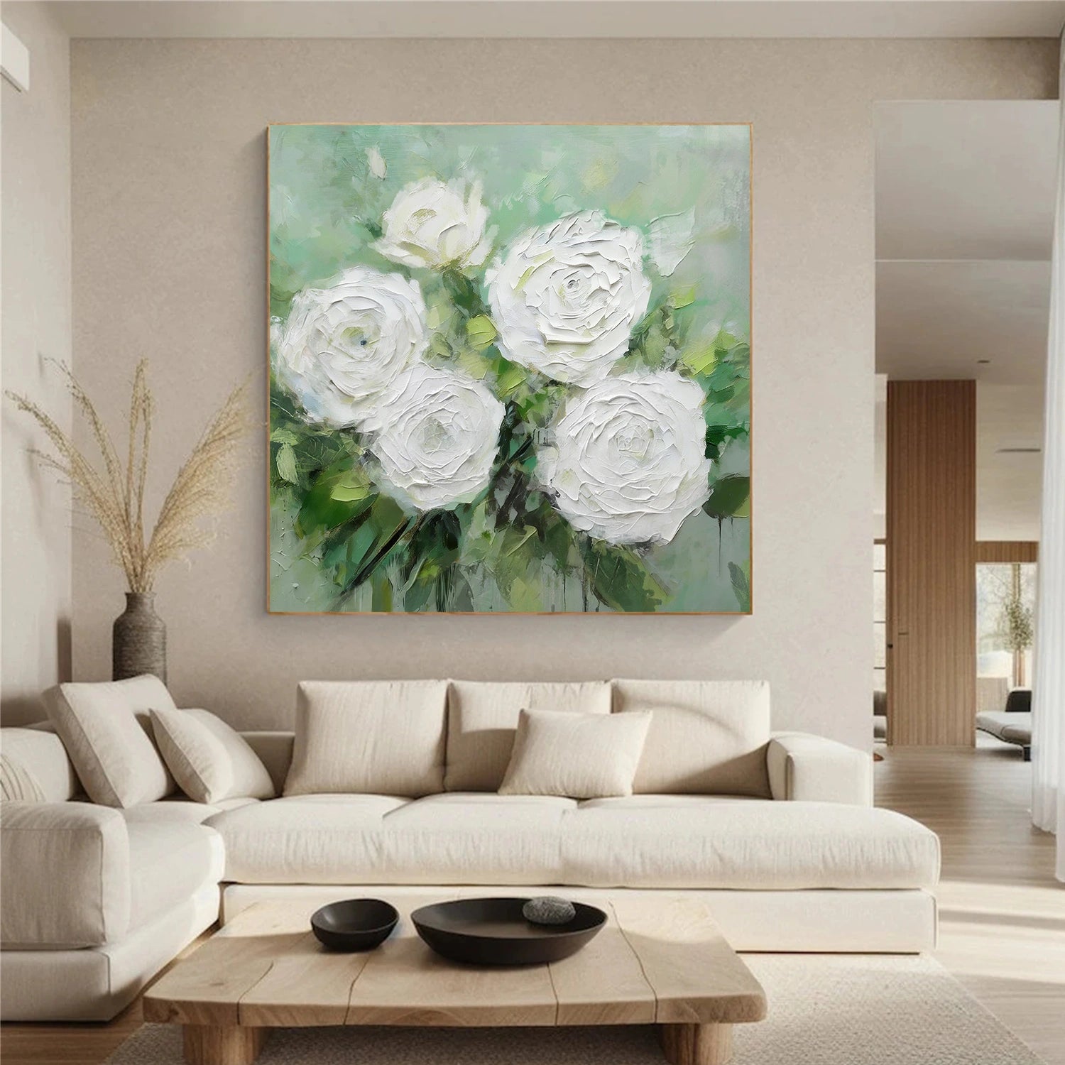 White and Green Flower Abstract Textured Wall Art #FP161