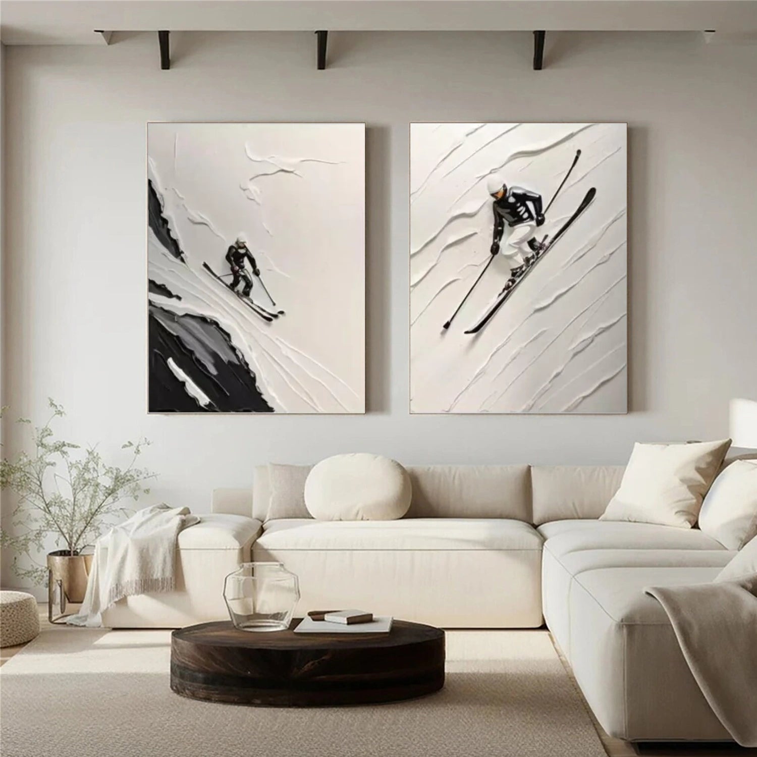 Black and White Skiing Sport Textured Wall Art Set of 2 #MS052