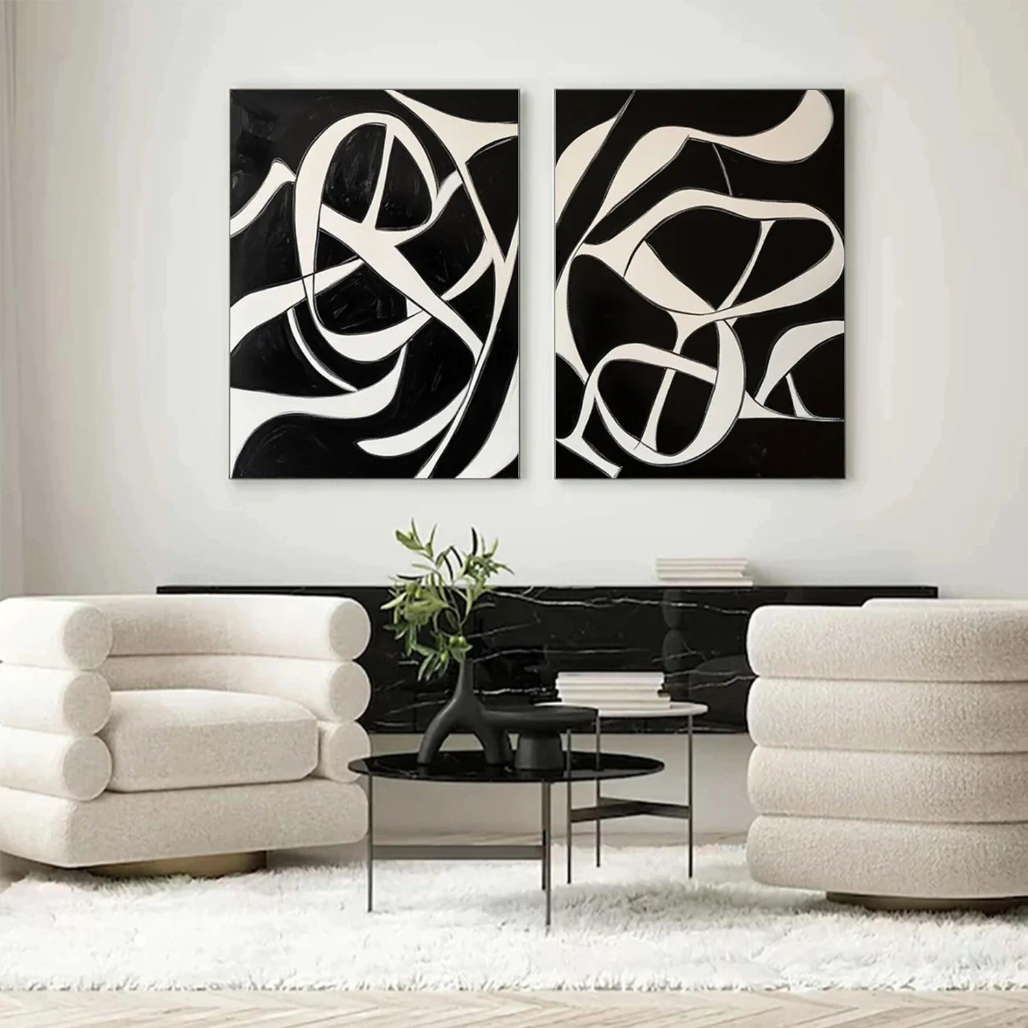 Black and White Minimalistic Set of 2 Canvas Art #MT119