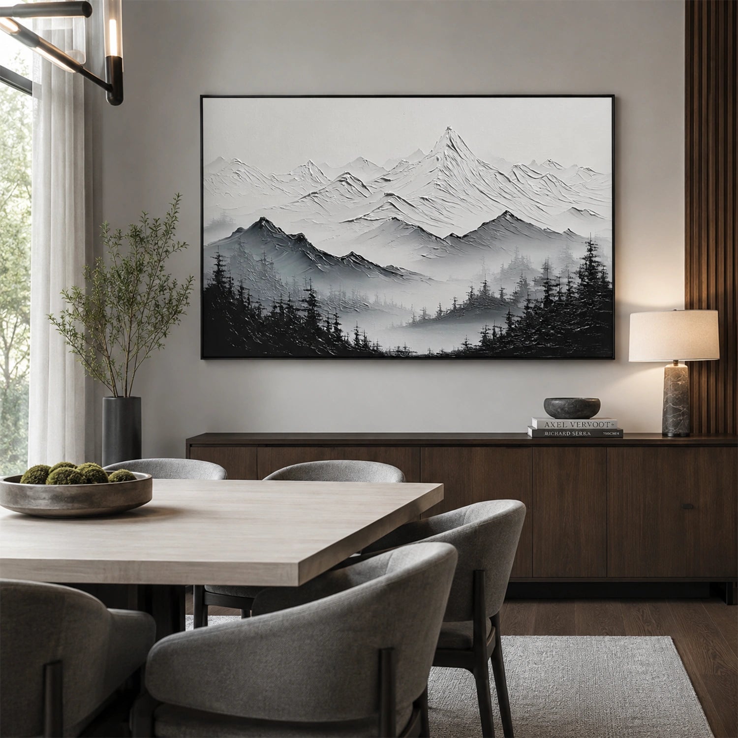 Black and White Minimalist Mountain Textured Canvas Art #MO073