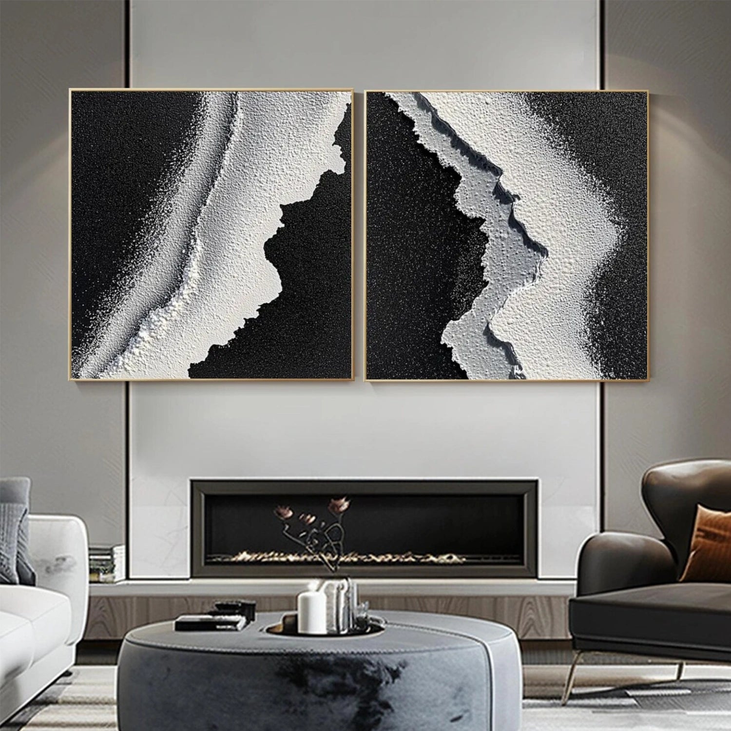 Black and White Ocean Abstract Textured Wall Art Set of 2 #OP040