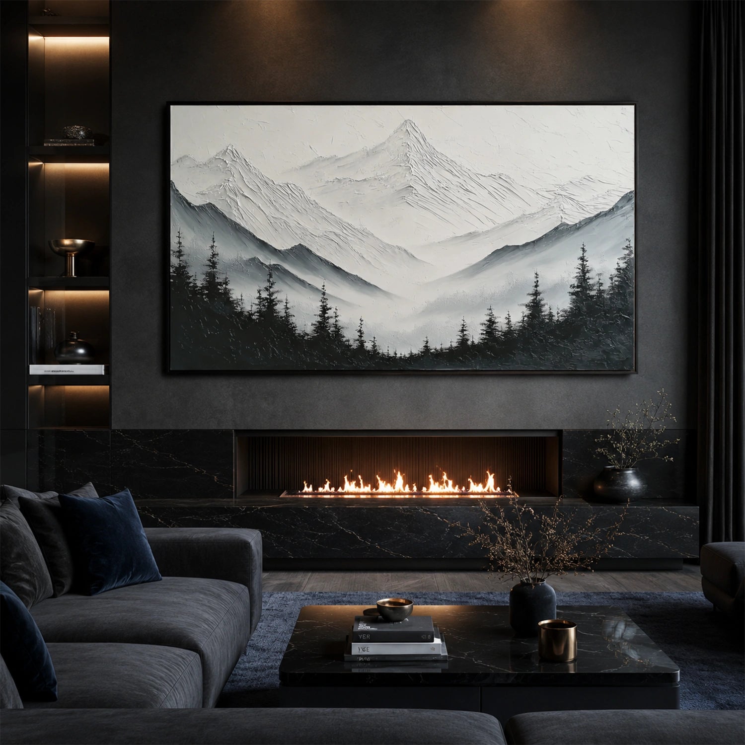 Black and White Minimalist Mountain Textured Canvas Art #MO071