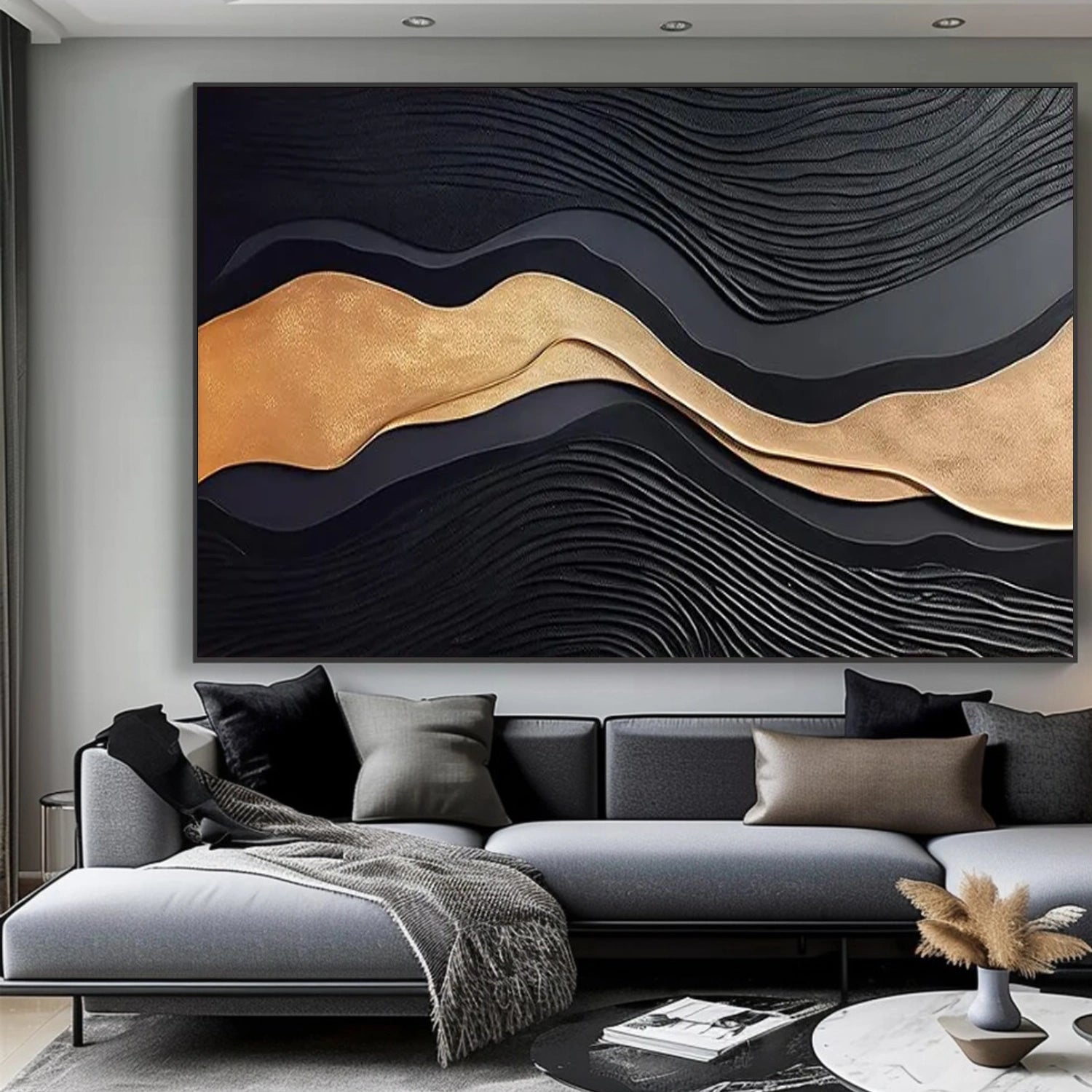 Black and Gold Minimalist Textured Canvas Art #MT186