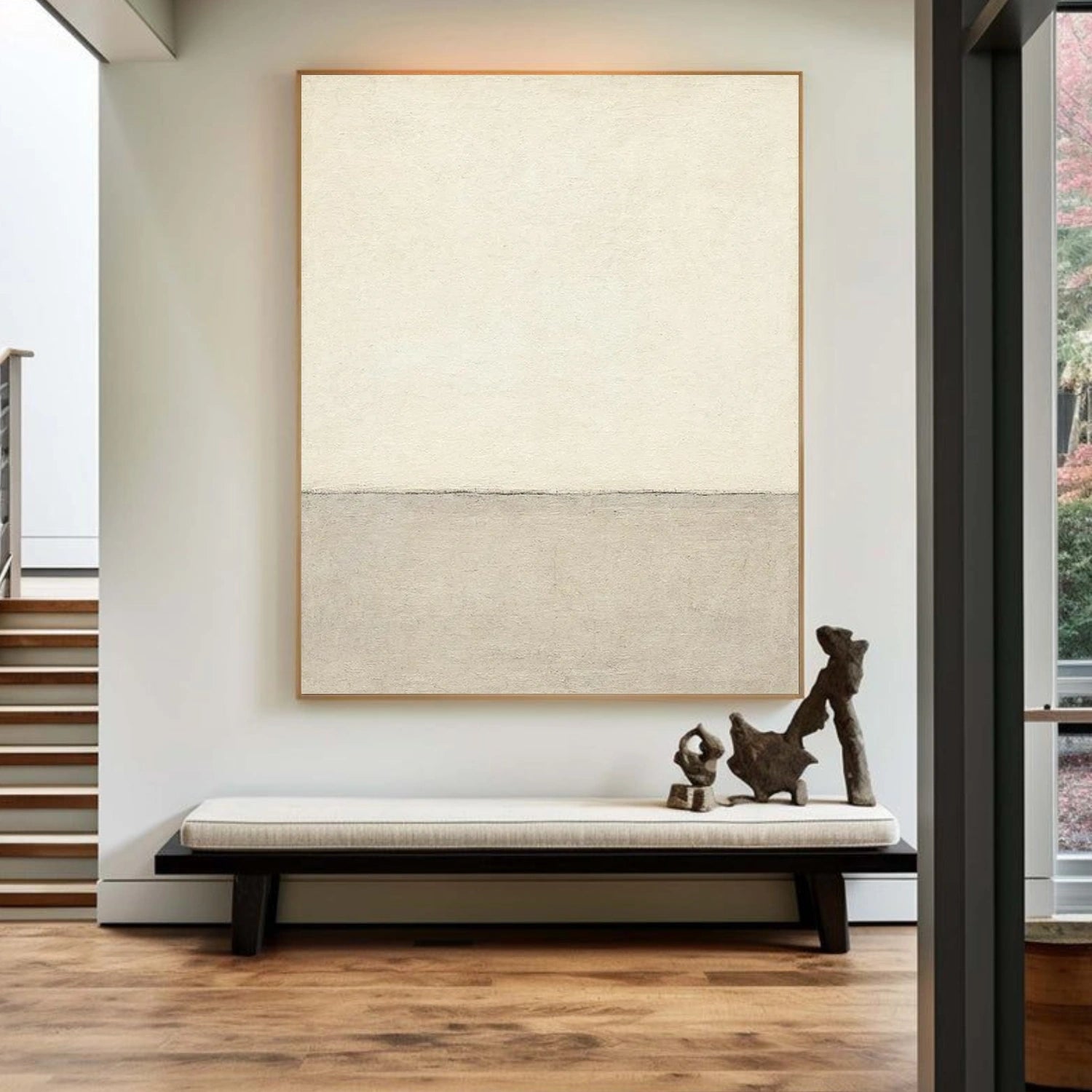 Warm neutral Zen living room with beige minimalist canvas art from Wonder Artwork