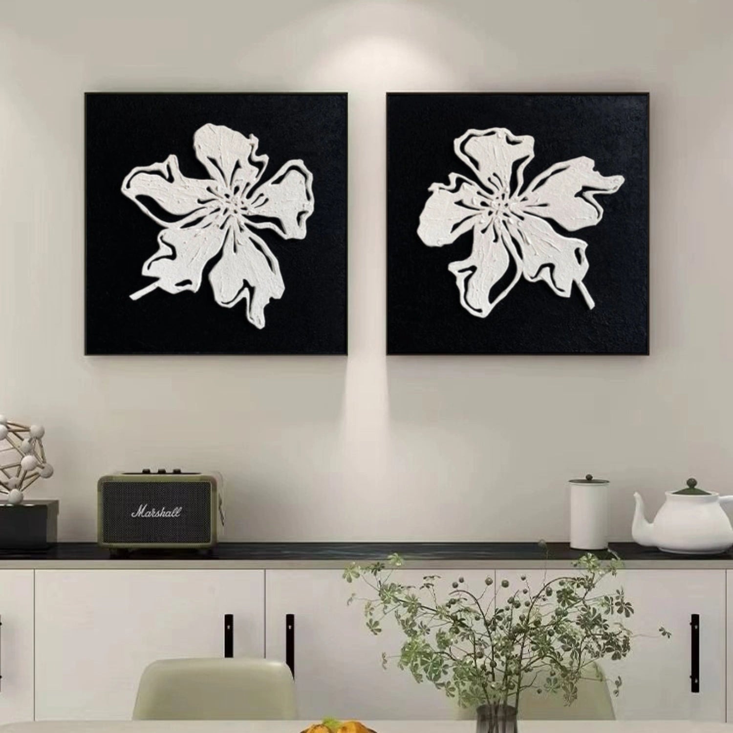Black and White Flower Abstract Textured Wall Art Set of 2 #FP195