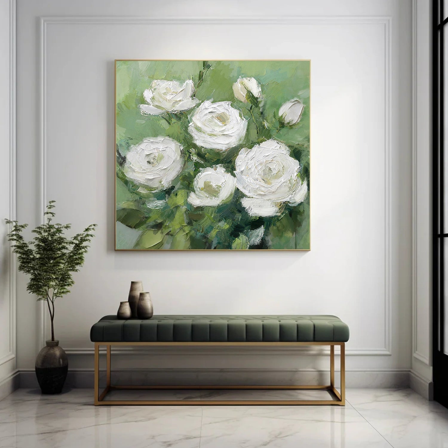White and Green Flower Abstract Textured Wall Art #FP162
