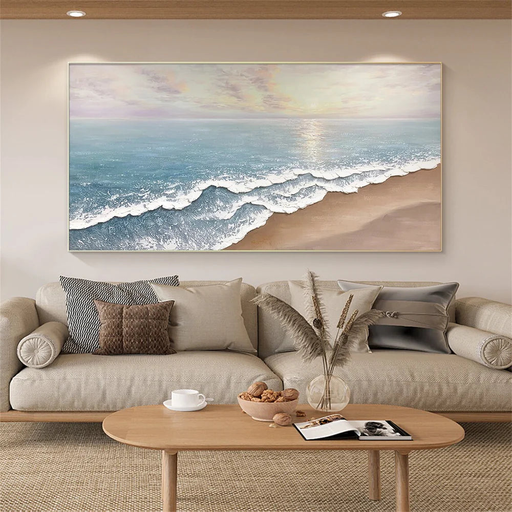 Beach shoreline canvas with gentle waves and soft warm horizon light by Wonder Artwork